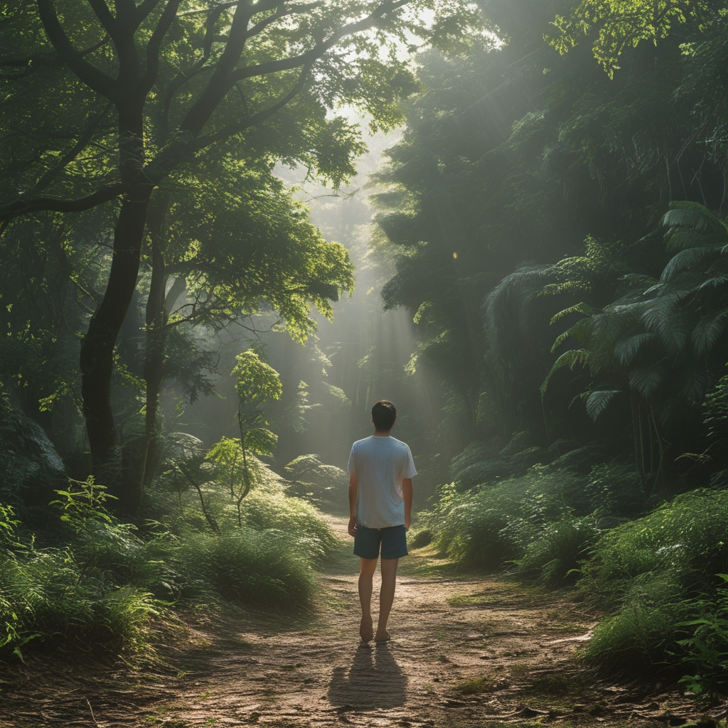 Pemandangan hutan hijau yang rimbun dengan sinar matahari menembus dedaunan, melambangkan kesehatan alami dan vitalitas
