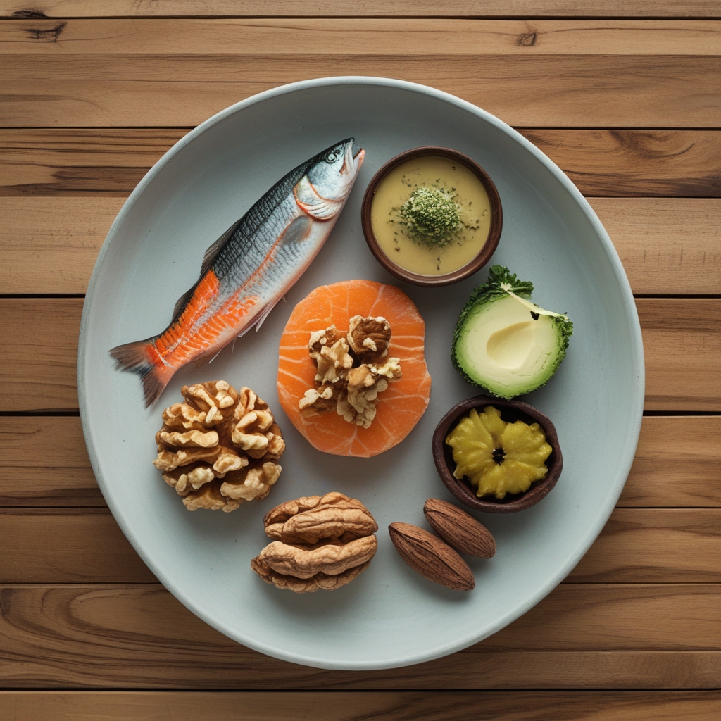 Tampilan atas berbagai makanan bergizi di atas meja kayu: ikan salmon segar, alpukat potong, kacang walnut, sayuran hijau, dan telur rebus yang disusun rapi dalam mangkuk keramik putih